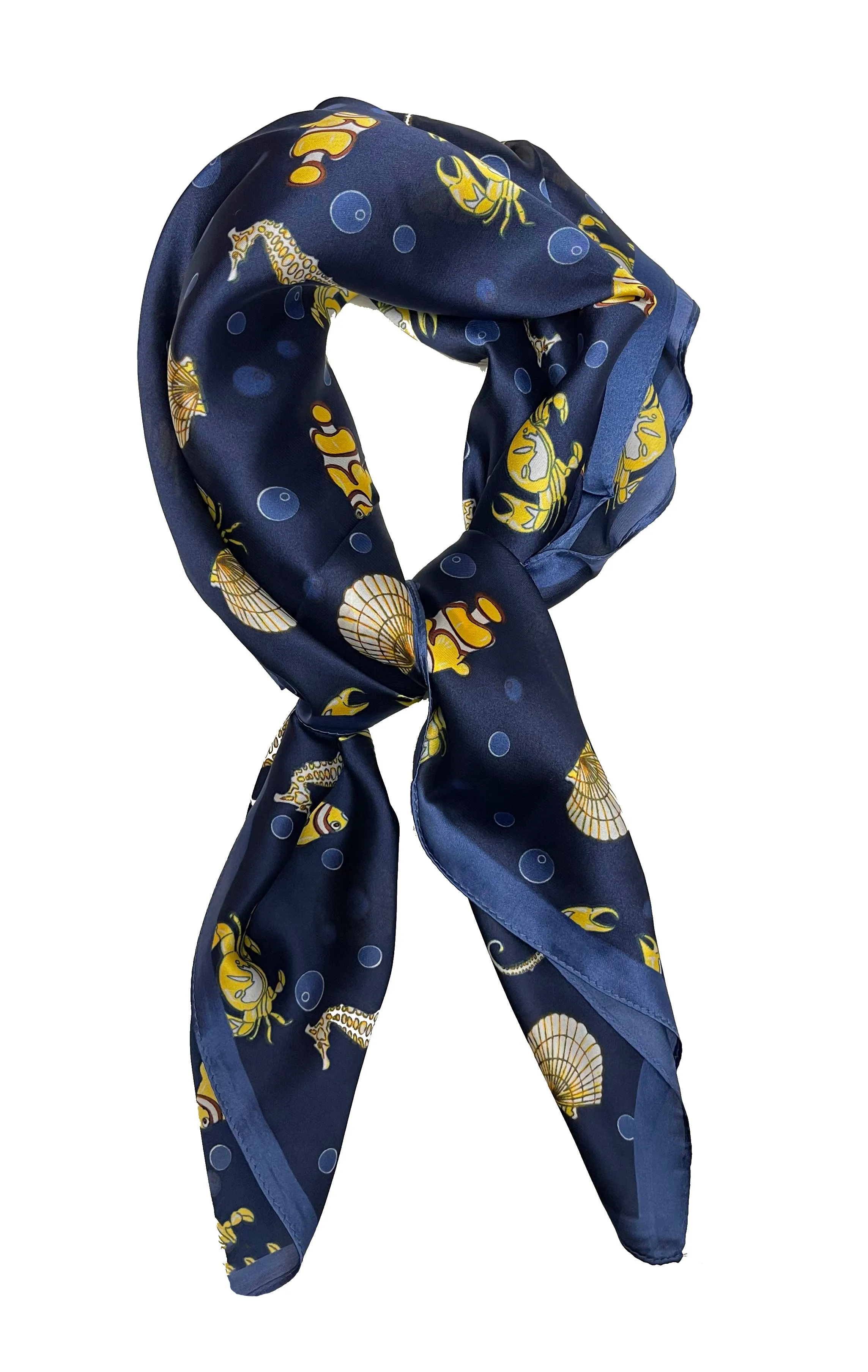 70cm x 70cm Fish, Shell, Carb, Seahorse Navy Pattern Square Scarf Big Ladies Women Faux Silk Head Neck Thin Bag Charm