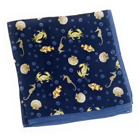 70cm x 70cm Fish, Shell, Carb, Seahorse Navy Pattern Square Scarf Big Ladies Women Faux Silk Head Neck Thin Bag Charm