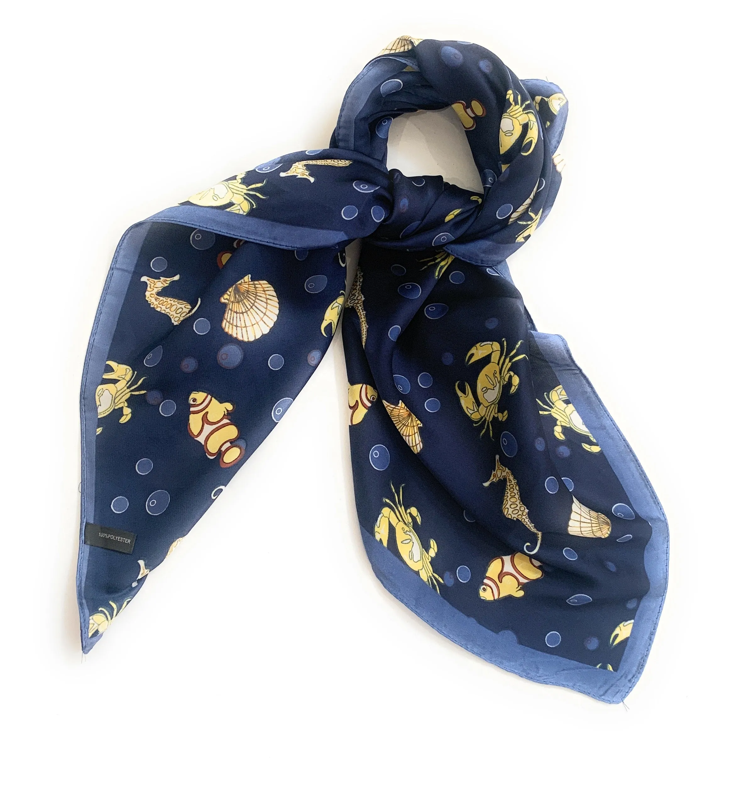 70cm x 70cm Fish, Shell, Carb, Seahorse Navy Pattern Square Scarf Big Ladies Women Faux Silk Head Neck Thin Bag Charm