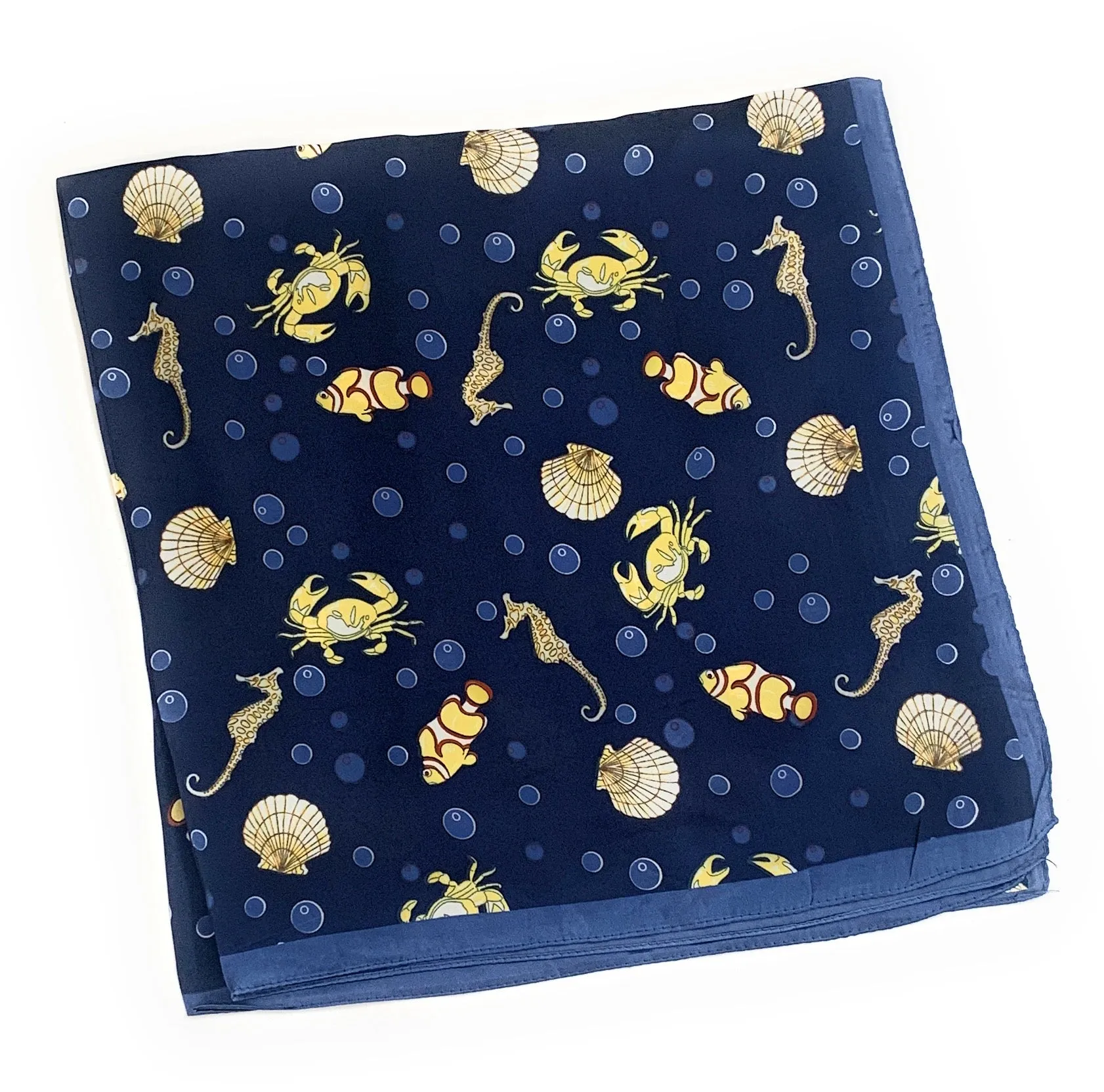 70cm x 70cm Fish, Shell, Carb, Seahorse Navy Pattern Square Scarf Big Ladies Women Faux Silk Head Neck Thin Bag Charm