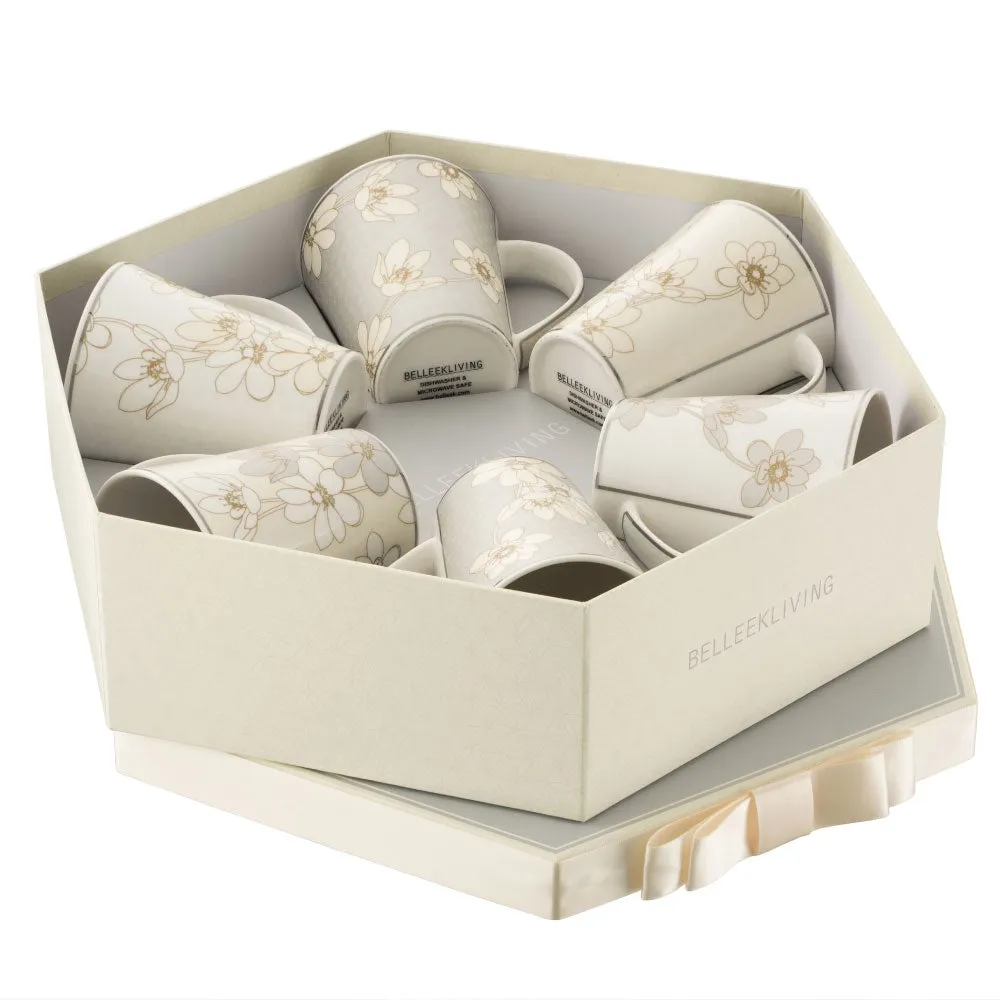 BELLEEK LIVING BAY FLOWERS 6 MUGS HEXAGON BOX