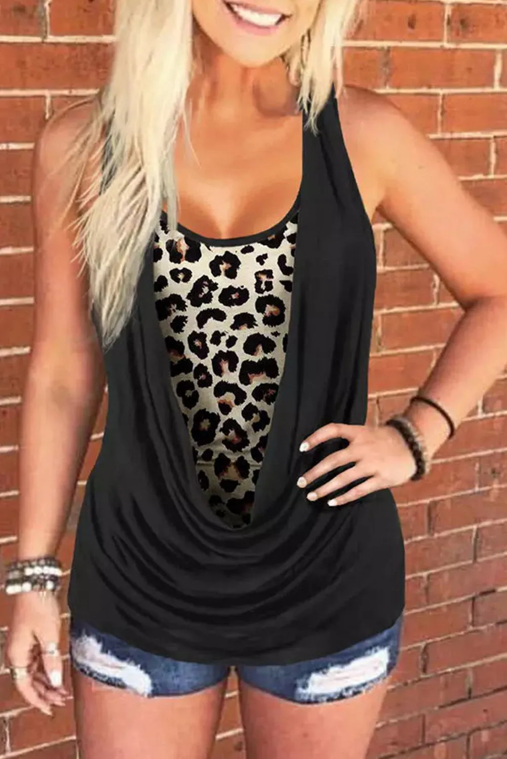Black Leopard Ruched Fake Two-Piece Tank