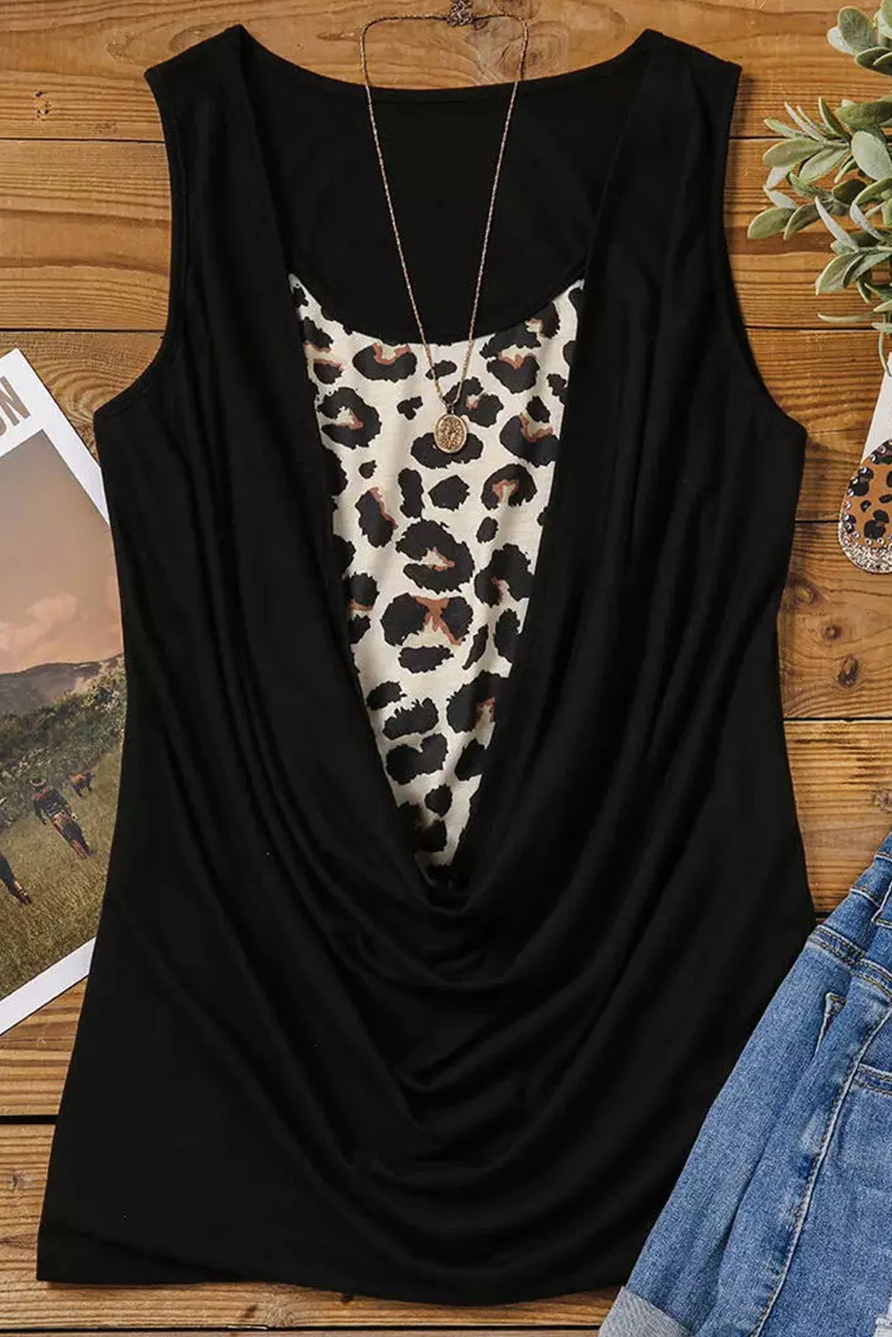 Black Leopard Ruched Fake Two-Piece Tank