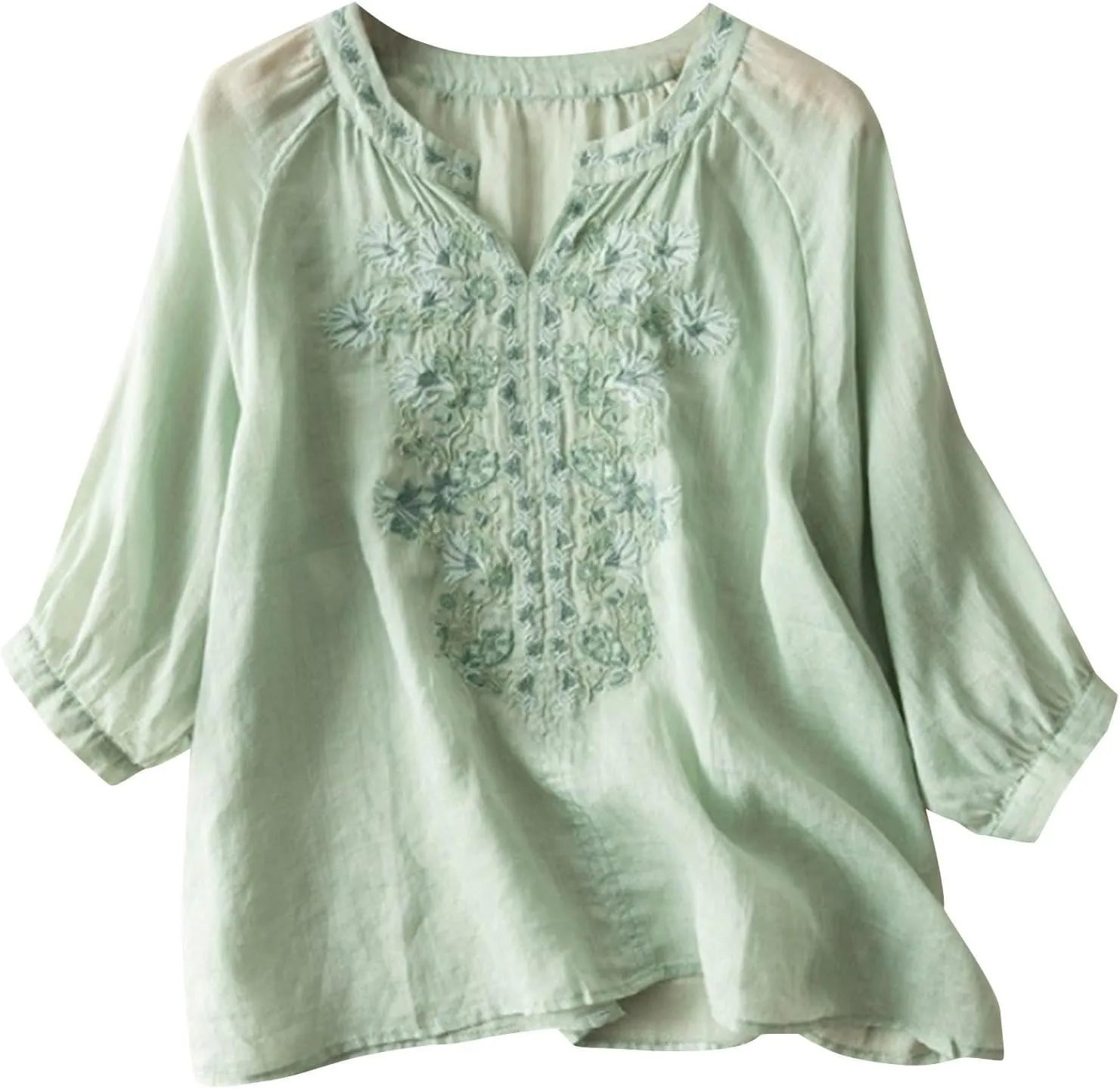Bohemian Tops for Women Summer Embroidered Cotton Linen Blouses Flowy Short Sleeve Shirts Mexican Tees