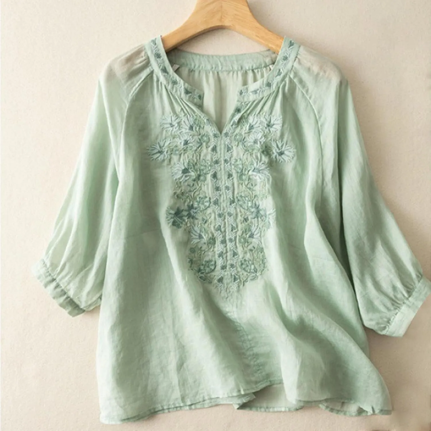Bohemian Tops for Women Summer Embroidered Cotton Linen Blouses Flowy Short Sleeve Shirts Mexican Tees