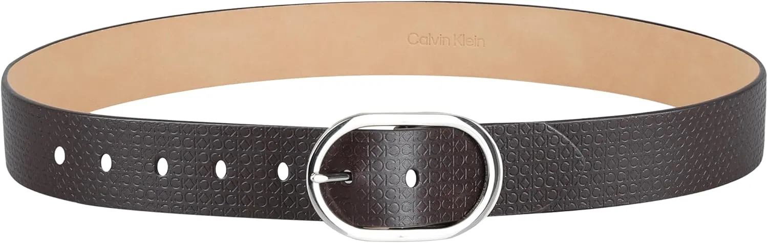 Calvin Klein Women's Oval Center Bar Buckle Leather Fashion Belt for Trousers and Dresses
