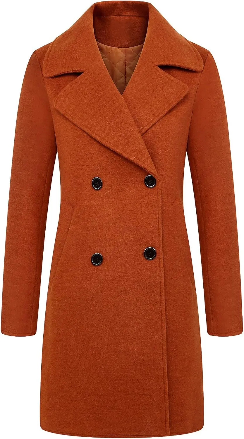 CHARTOU Women's Chic Notched Collar Double-Breasted Quilted Wool Blend Jacket Trench Coat