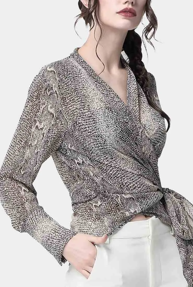 Chiffon V-neck Wrap Waist Tie Blouse