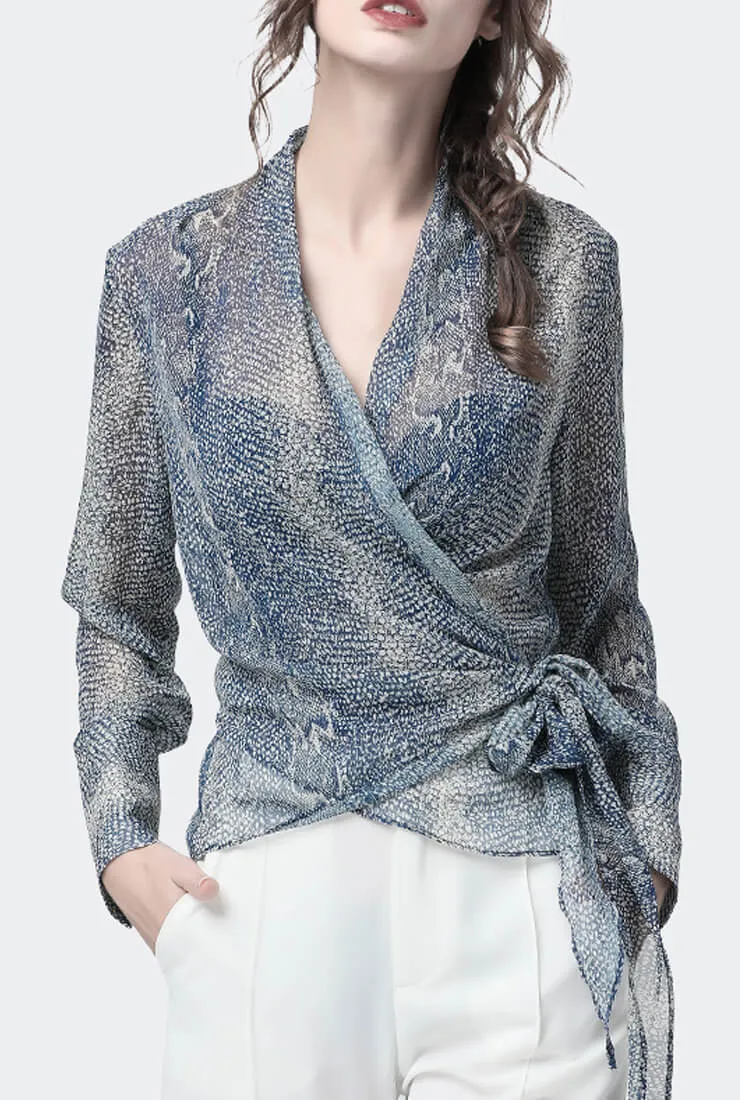Chiffon V-neck Wrap Waist Tie Blouse