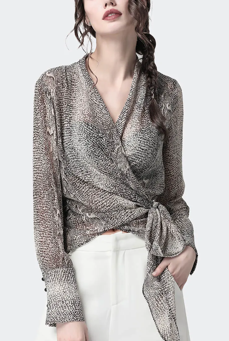 Chiffon V-neck Wrap Waist Tie Blouse
