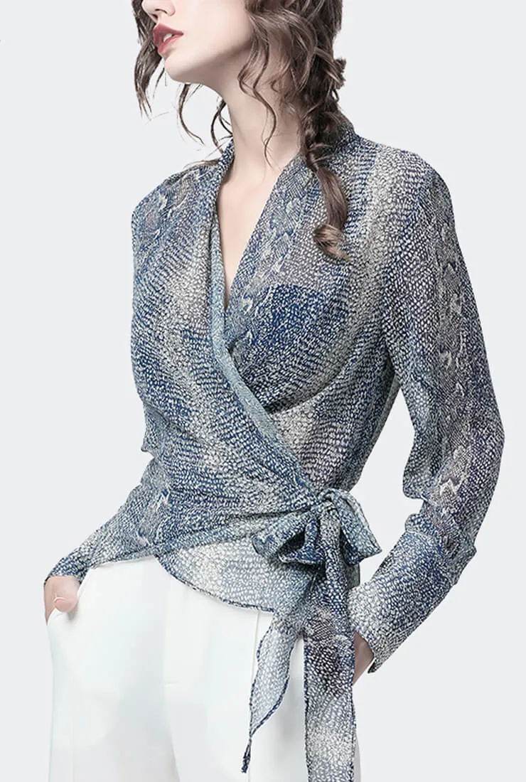 Chiffon V-neck Wrap Waist Tie Blouse