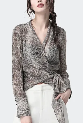 Chiffon V-neck Wrap Waist Tie Blouse