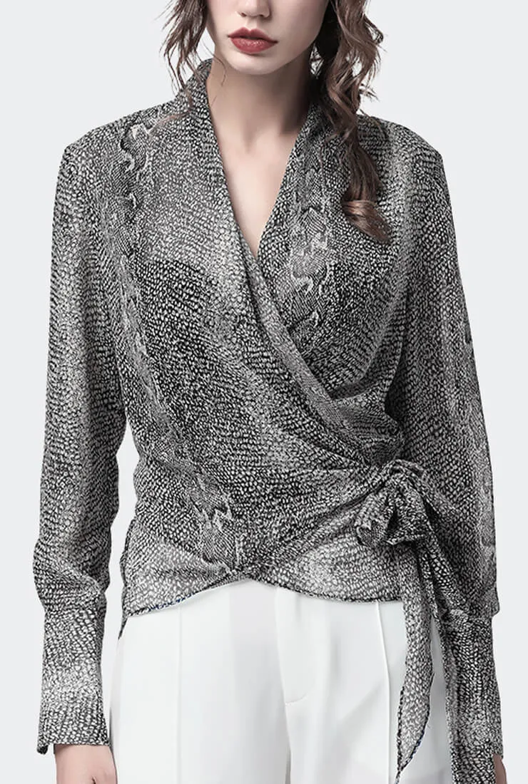 Chiffon V-neck Wrap Waist Tie Blouse