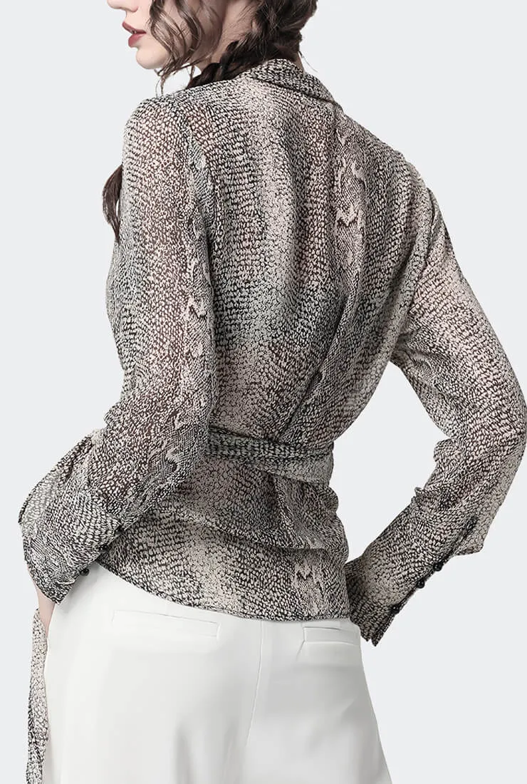 Chiffon V-neck Wrap Waist Tie Blouse