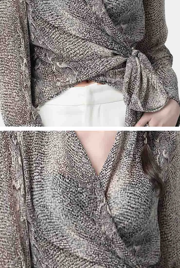 Chiffon V-neck Wrap Waist Tie Blouse