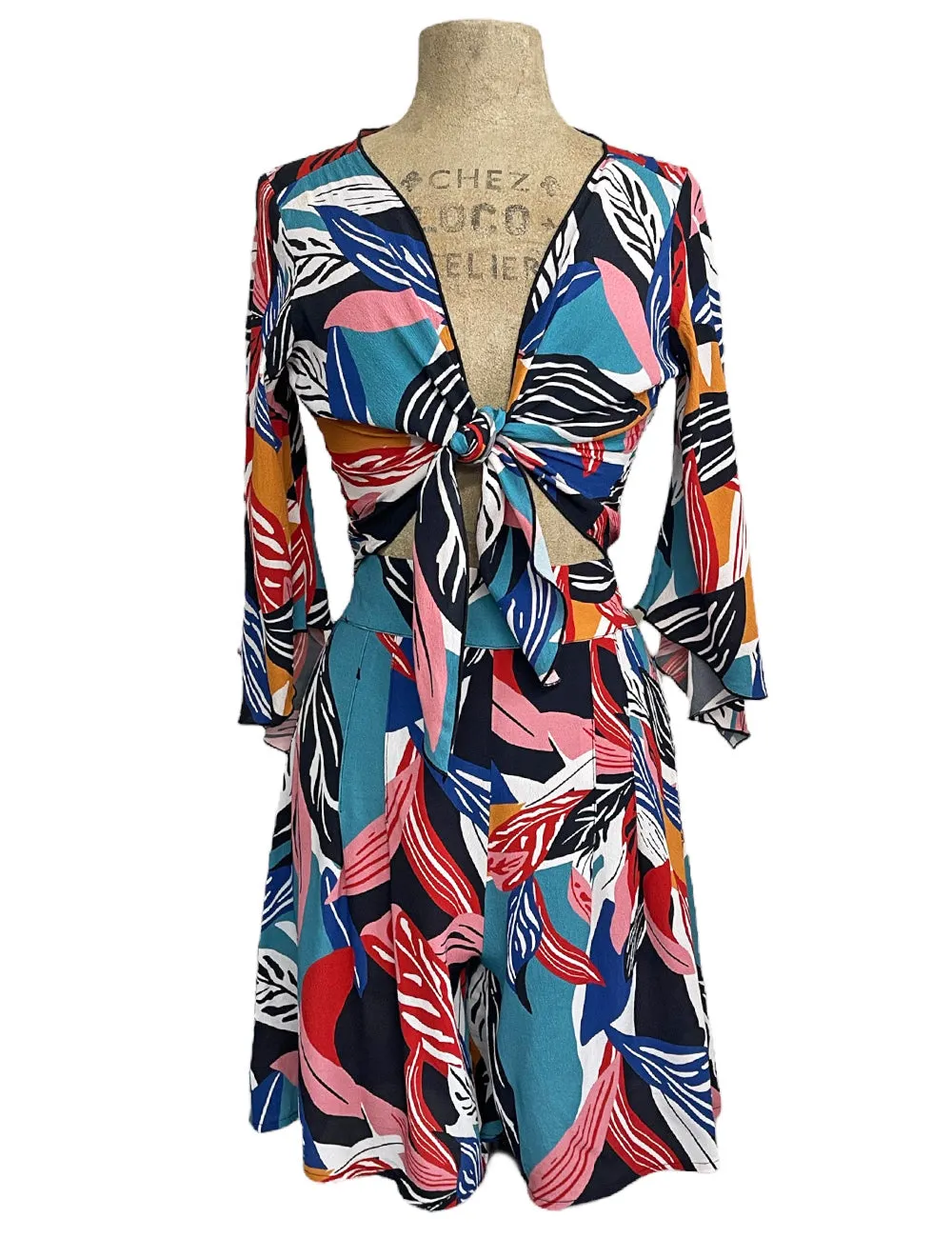 Colorful Tropical Leaves Angel Wing Crop Tie Top & Cover Up