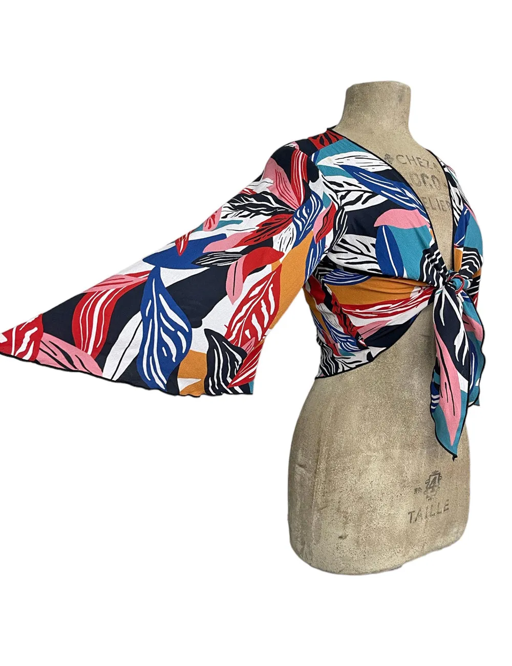 Colorful Tropical Leaves Angel Wing Crop Tie Top & Cover Up
