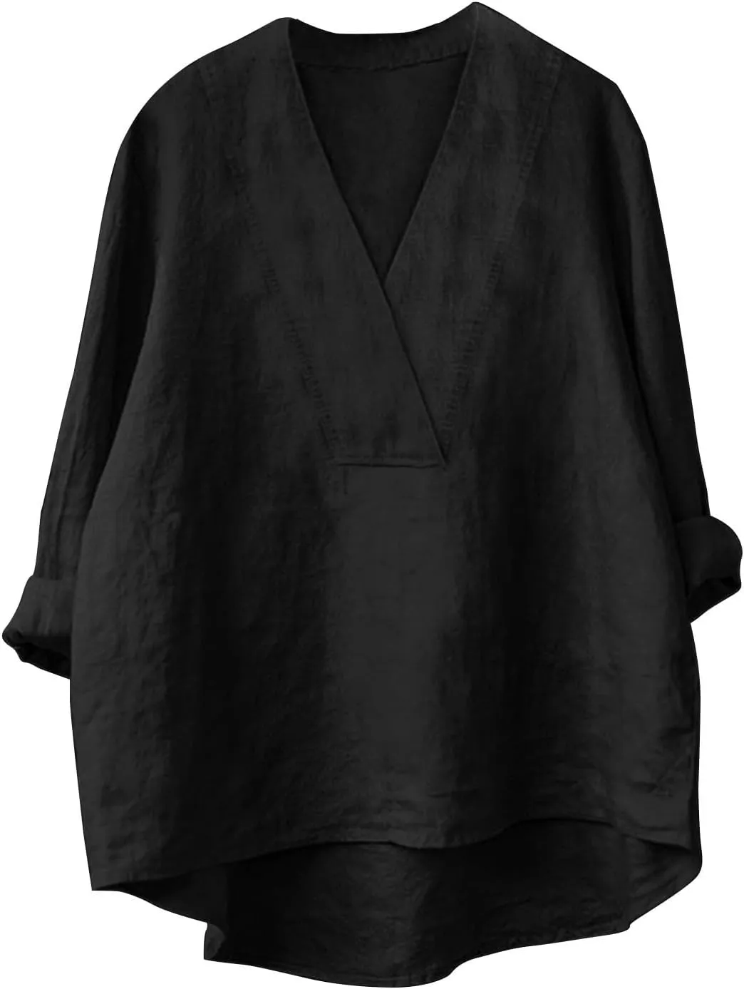 Cotton Linen Shirts for Women Summer Tops 2025 V Neck High Low Hem Blouses Loose Casual Roll-up Sleeve Tshirts