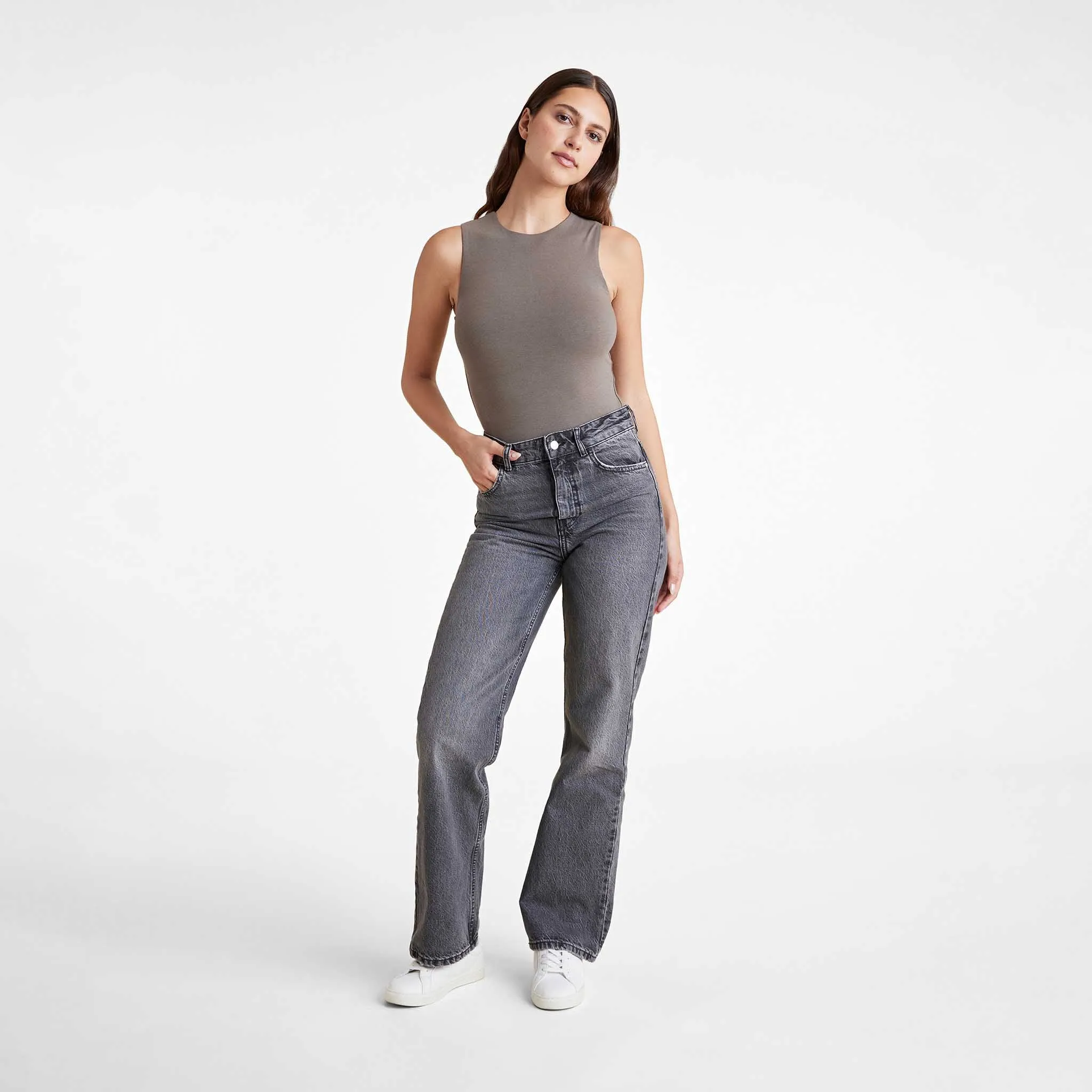Cotton Stretch Classic Crewneck Tank Bodysuit | Mocha