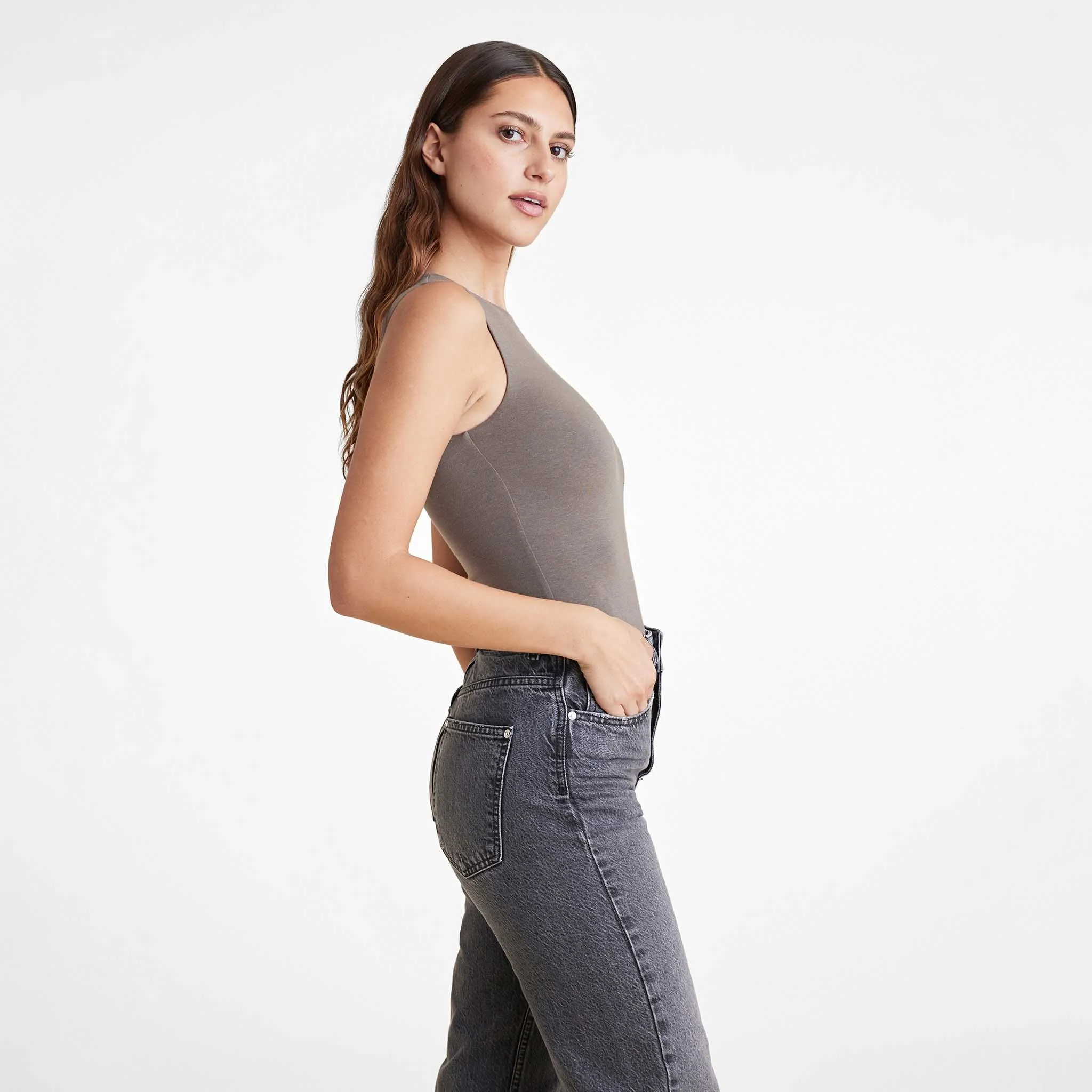Cotton Stretch Classic Crewneck Tank Bodysuit | Mocha