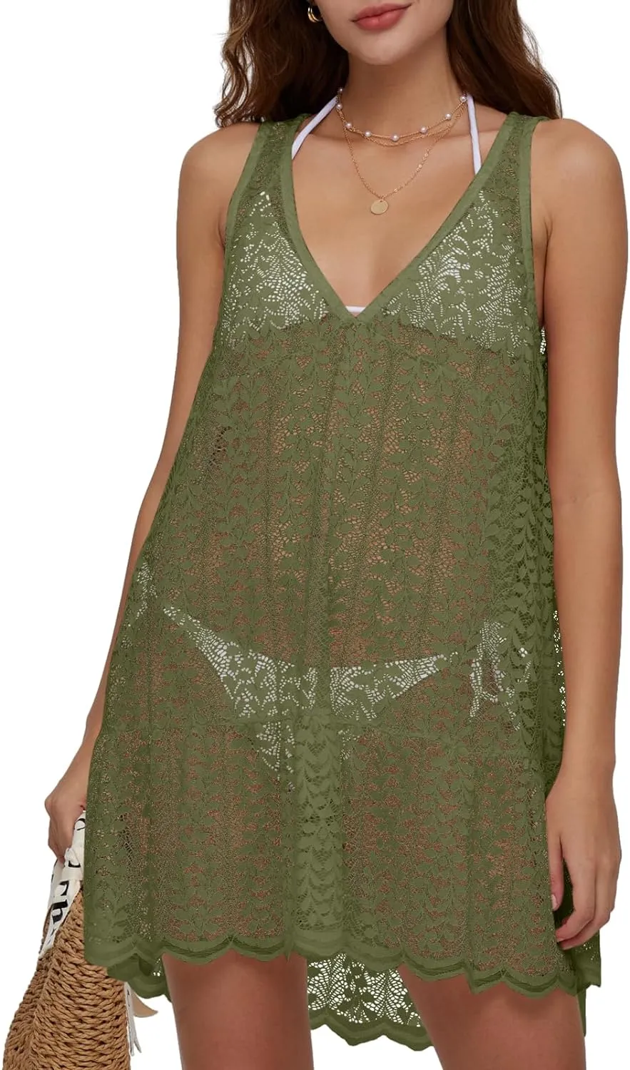 Crochet Hollow Out V Neck Swimsuit Coverup