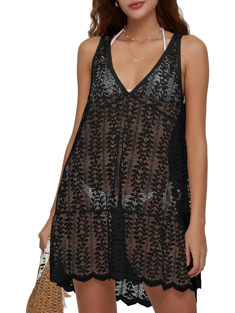 Crochet Hollow Out V Neck Swimsuit Coverup