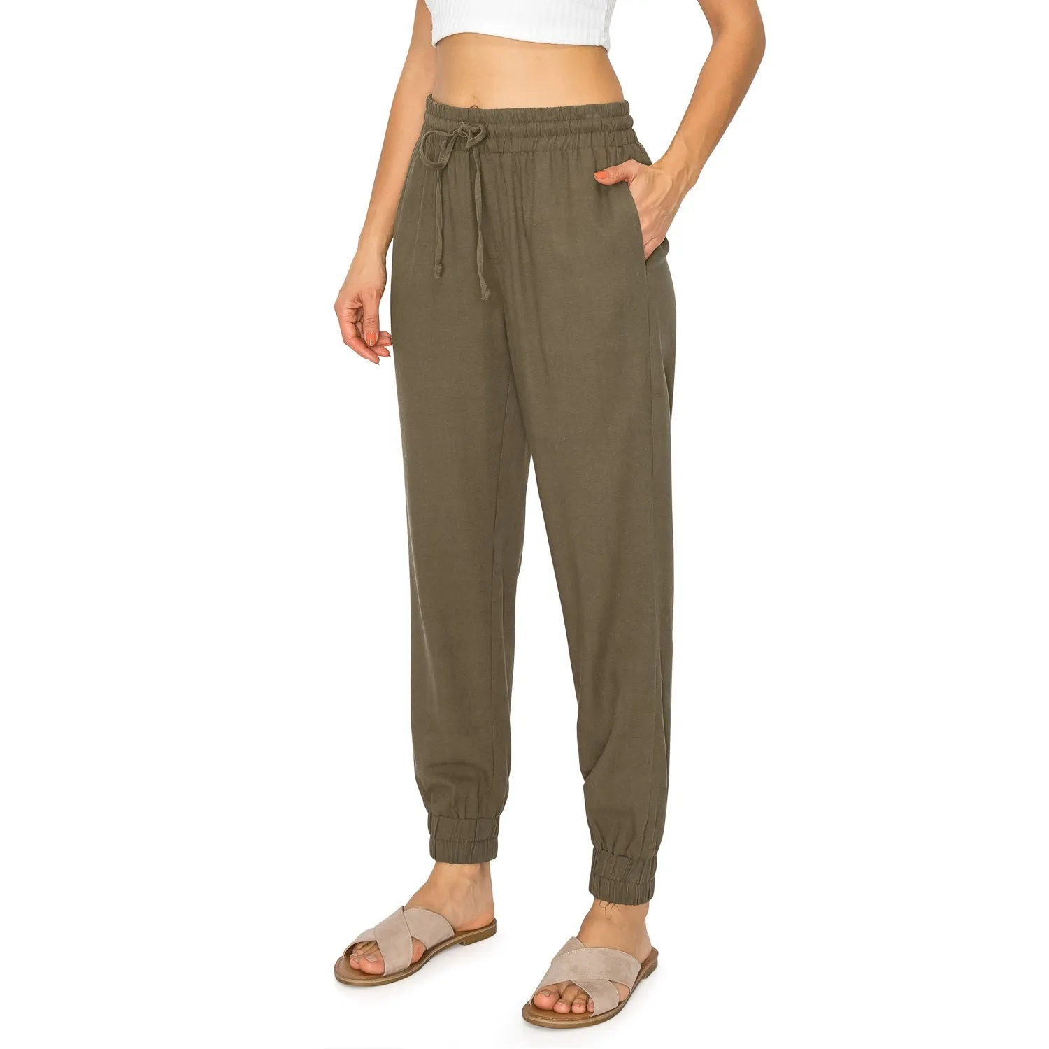 Drawstring Waist Linen Jogger Pants - Olive