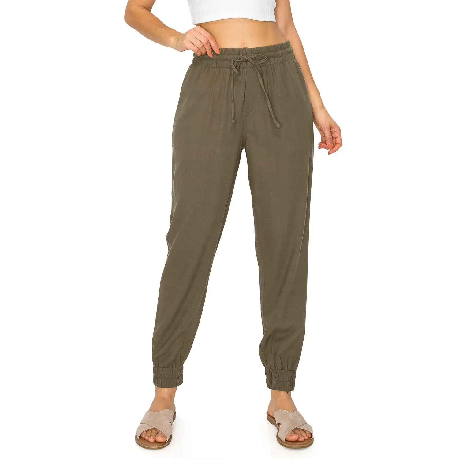 Drawstring Waist Linen Jogger Pants - Olive