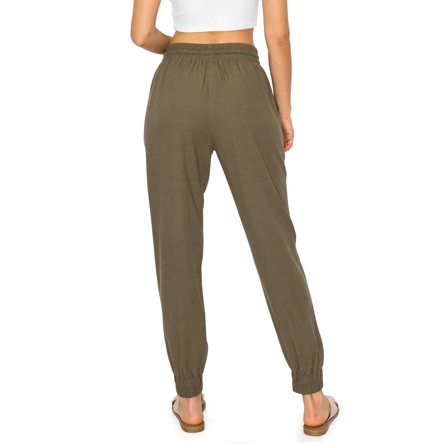Drawstring Waist Linen Jogger Pants - Olive