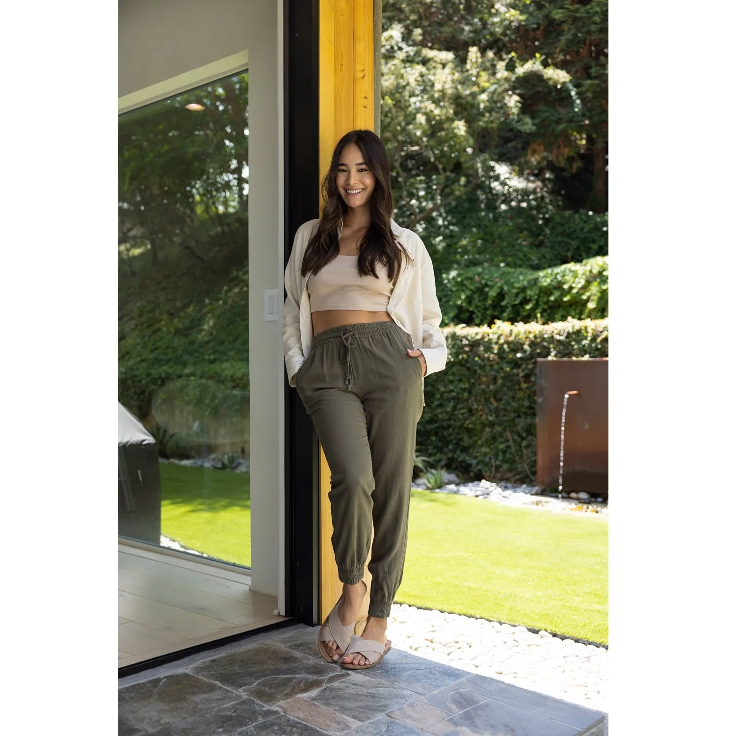 Drawstring Waist Linen Jogger Pants - Olive