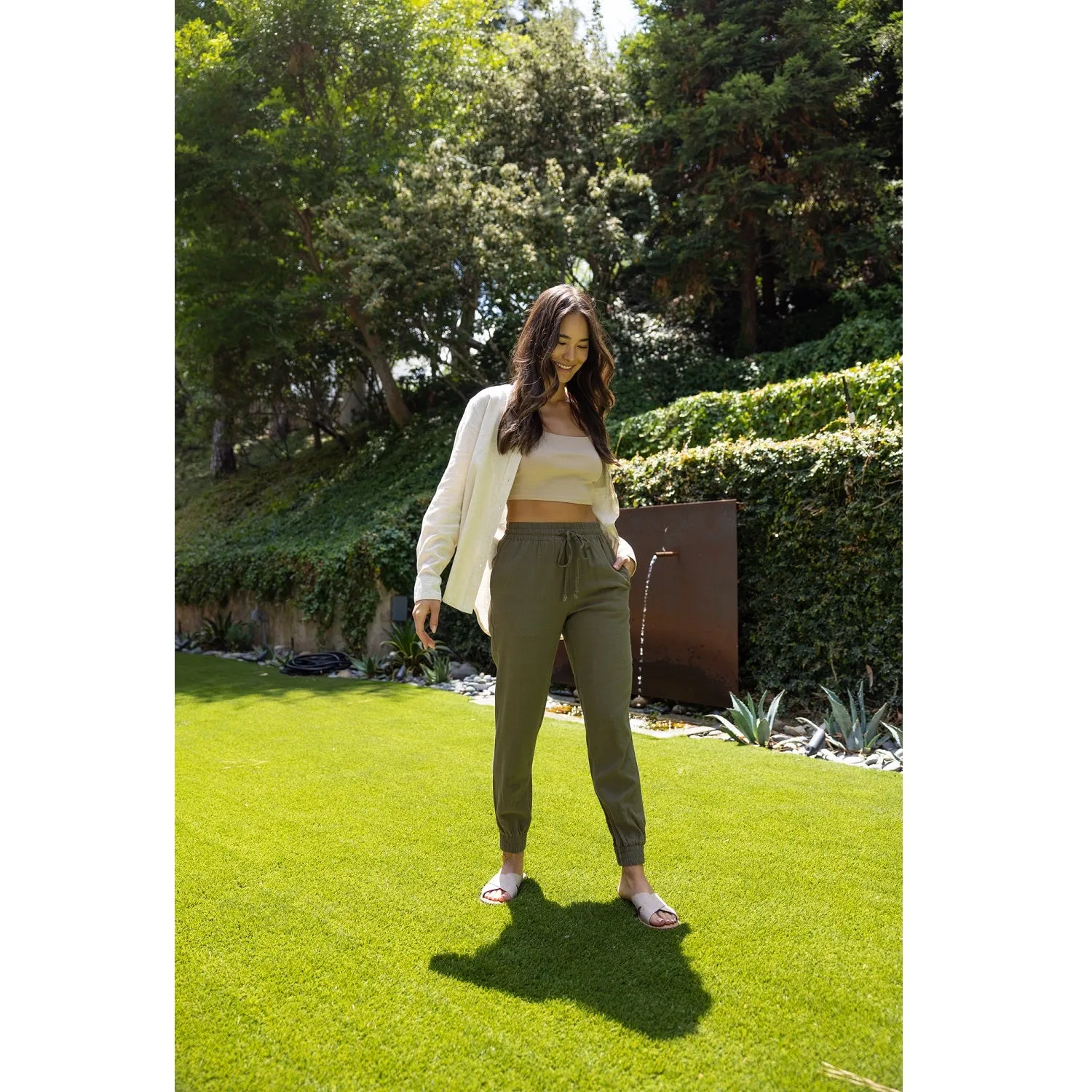 Drawstring Waist Linen Jogger Pants - Olive