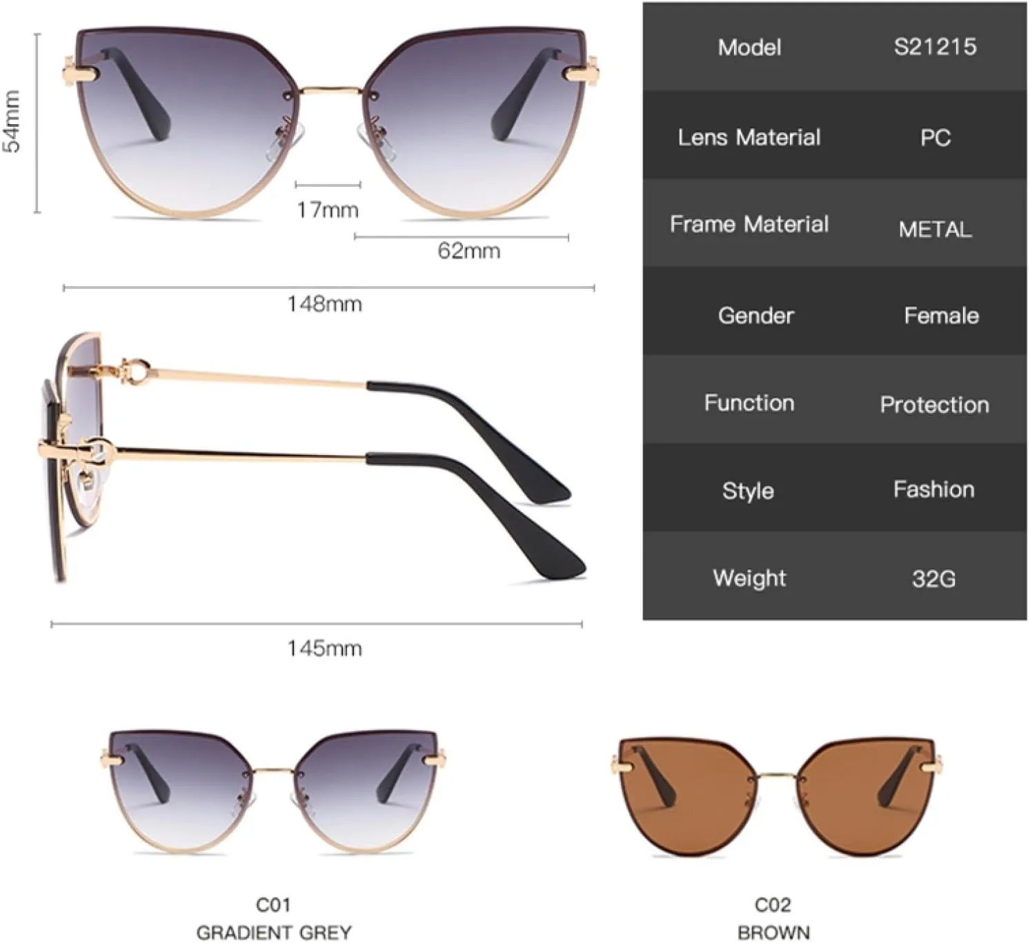 Fashion Cat Eye Sunglasses for Women Vintage Rimless Gradient Trendy Uv400