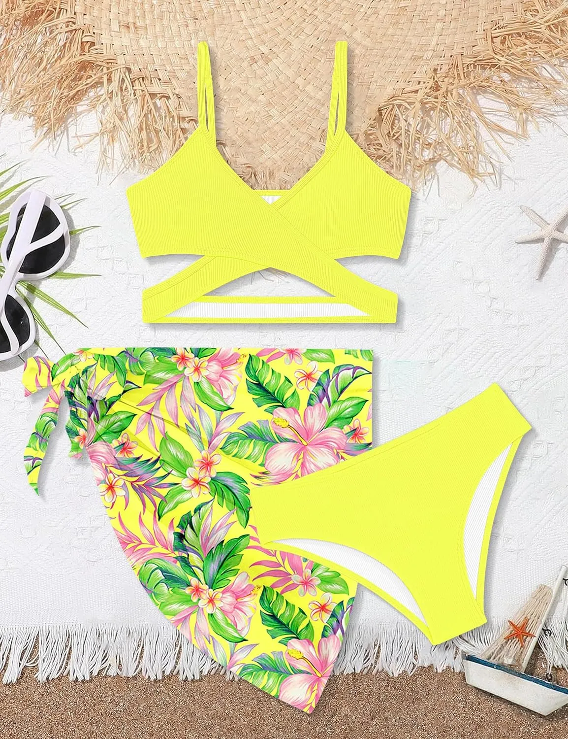 Girls Swimsuit 3 Piece Bathing Suits Criss Cross Color Block Bikini Set with Beach Cover Up Girls' Swimwear 7-16 Years
