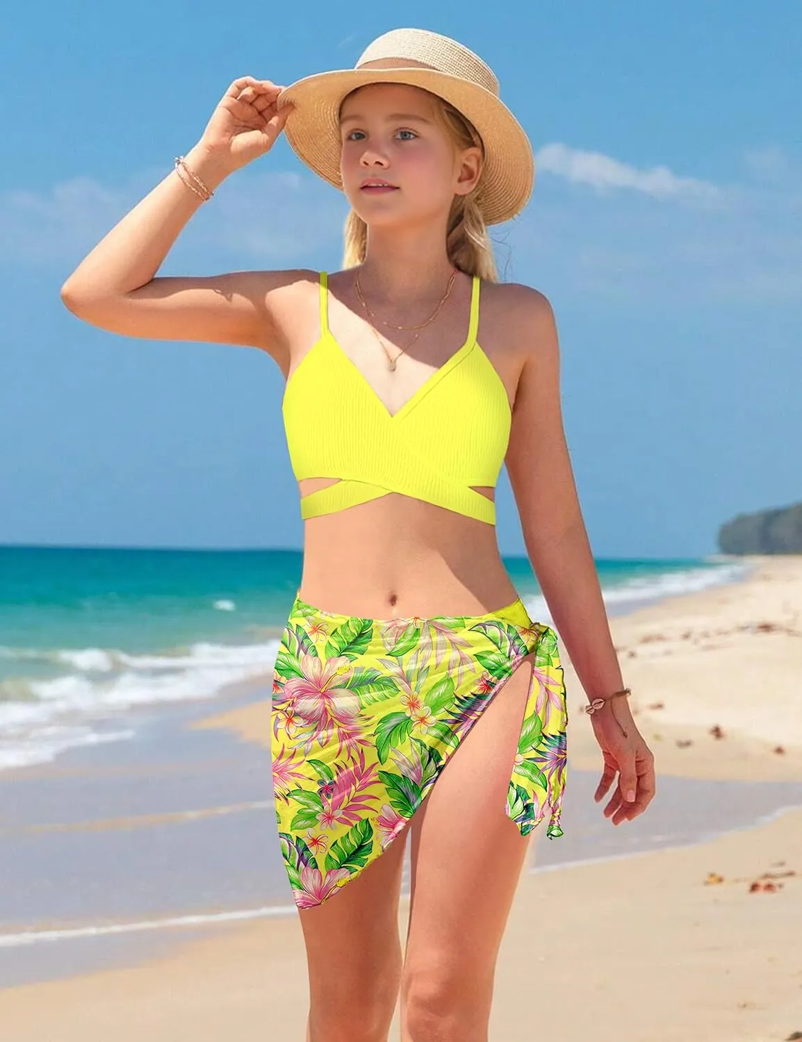 Girls Swimsuit 3 Piece Bathing Suits Criss Cross Color Block Bikini Set with Beach Cover Up Girls' Swimwear 7-16 Years