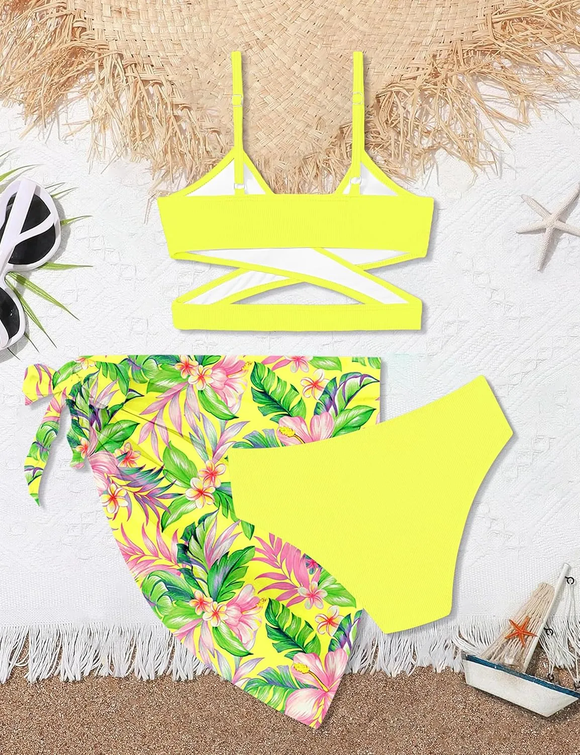 Girls Swimsuit 3 Piece Bathing Suits Criss Cross Color Block Bikini Set with Beach Cover Up Girls' Swimwear 7-16 Years