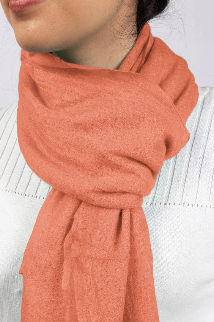 Handwoven Pure Cashmere Scarf Shawl in Coral Orange