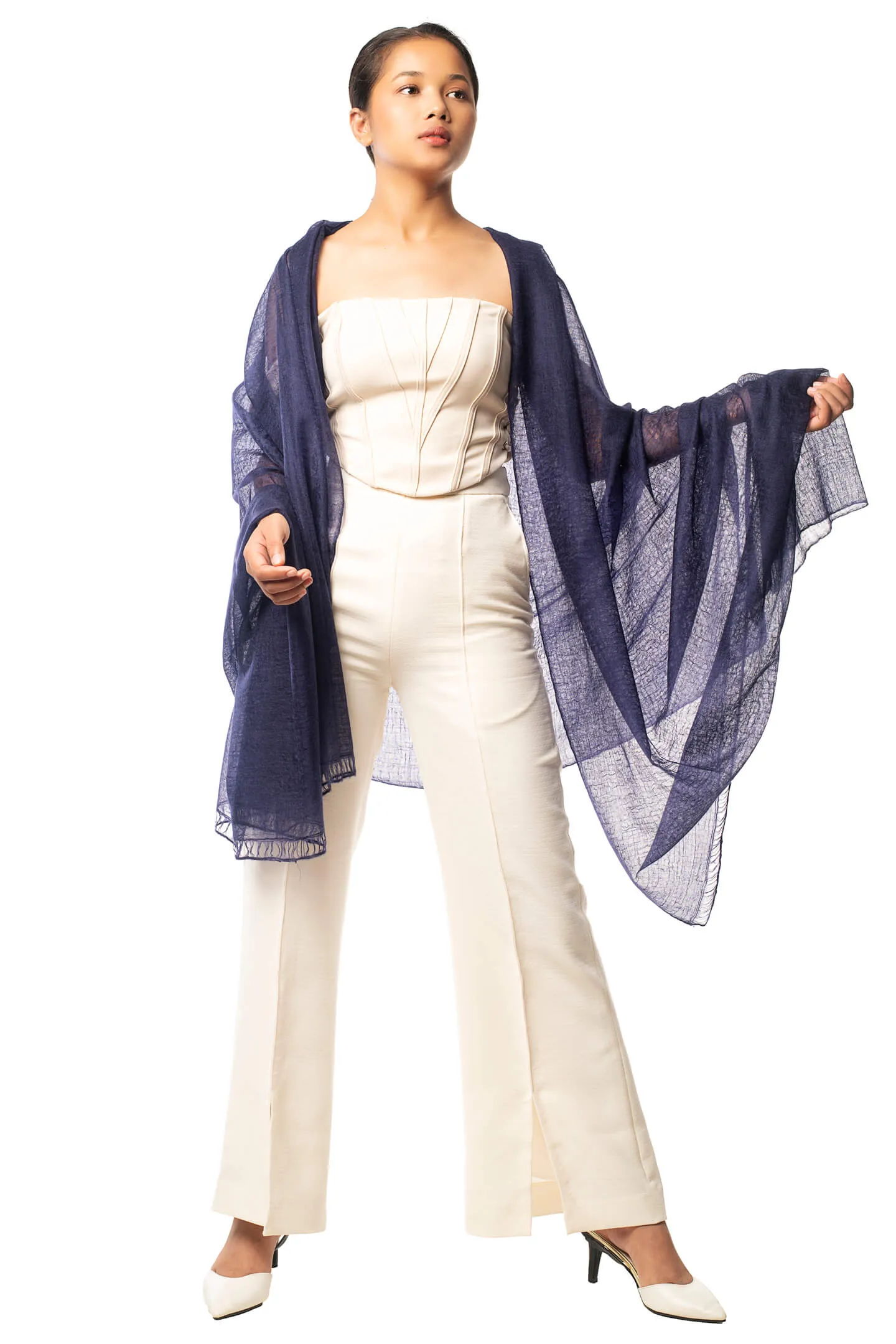 Handwoven Pure Cashmere Scarf Shawl in Indigo Blue