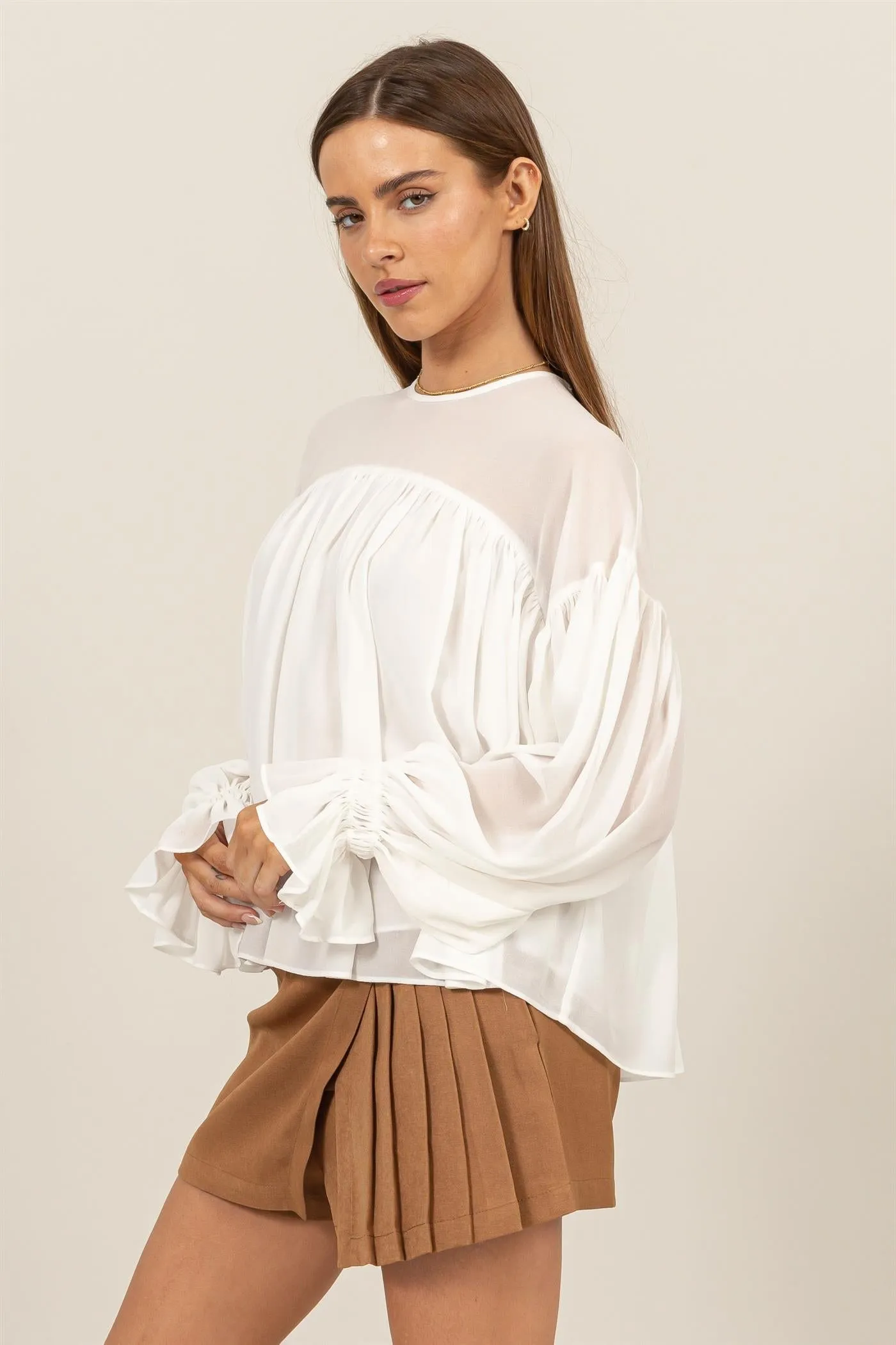 HF24F738-FLOWY BLOUSE WITH GATHERED CUFFS