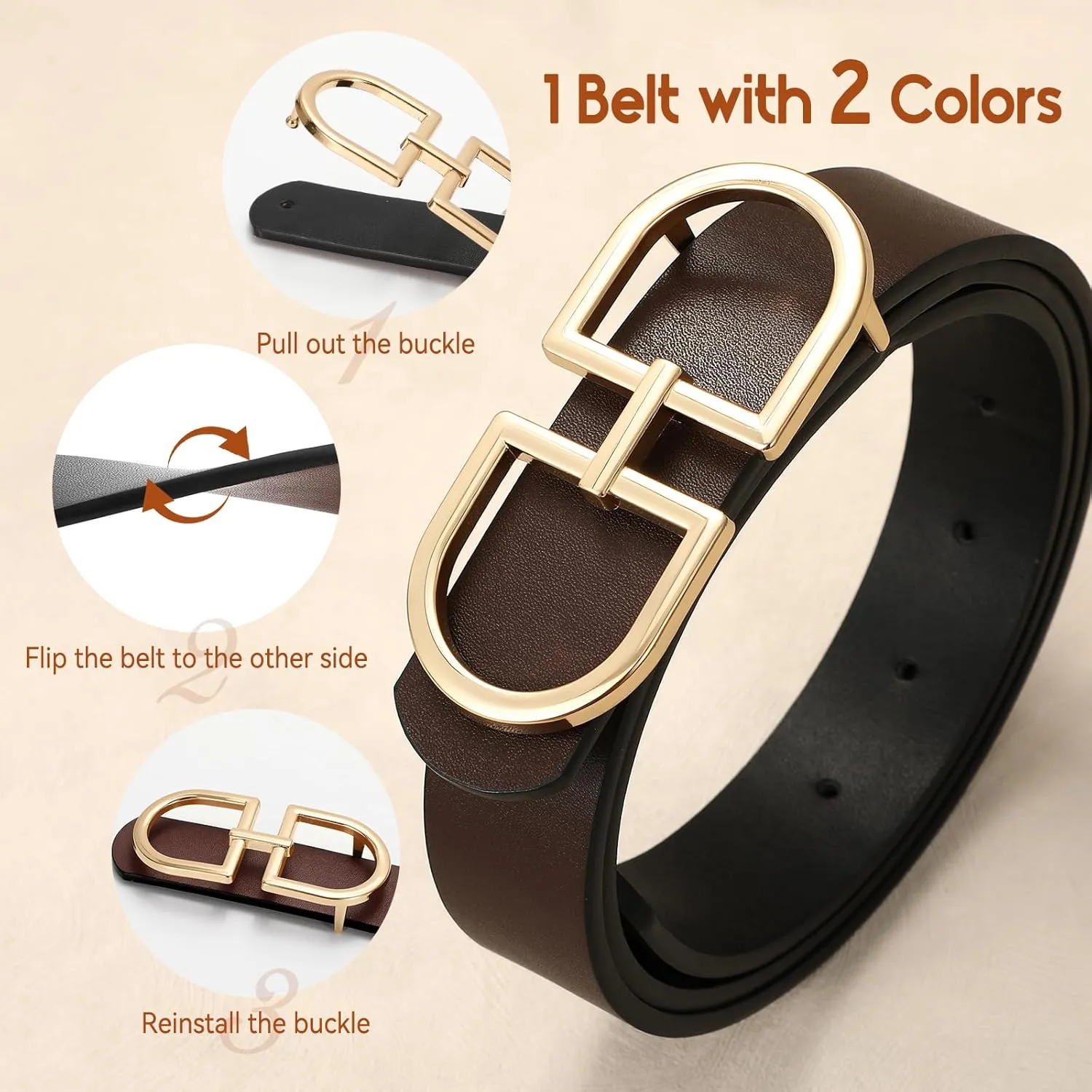 IAKING Reversible Leather Belt for Women With Gold Buckle Ladies Two-in-One Leather Womens Belt for Jeans Pants Dresses