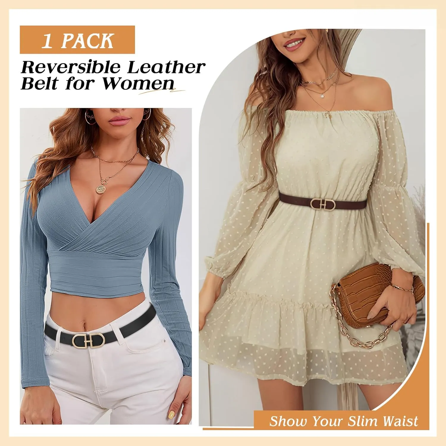 IAKING Reversible Leather Belt for Women With Gold Buckle Ladies Two-in-One Leather Womens Belt for Jeans Pants Dresses