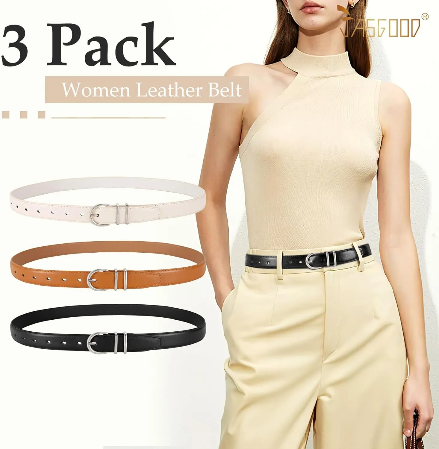 JASGOOD 3 Pack Women Leather Belt for Jeans Pants Gold Buckle Ladies Leather Belt