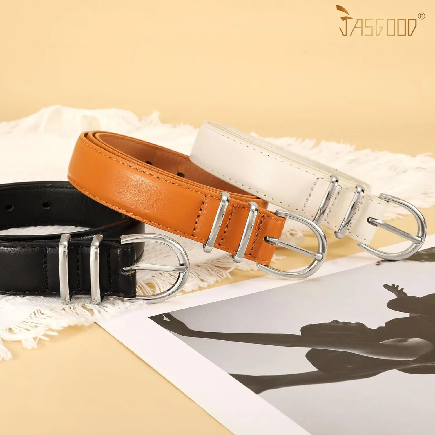 JASGOOD 3 Pack Women Leather Belt for Jeans Pants Gold Buckle Ladies Leather Belt