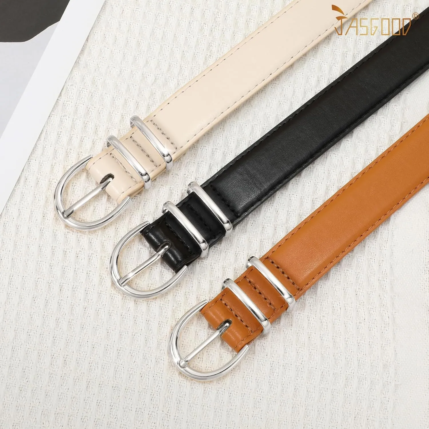 JASGOOD 3 Pack Women Leather Belt for Jeans Pants Gold Buckle Ladies Leather Belt