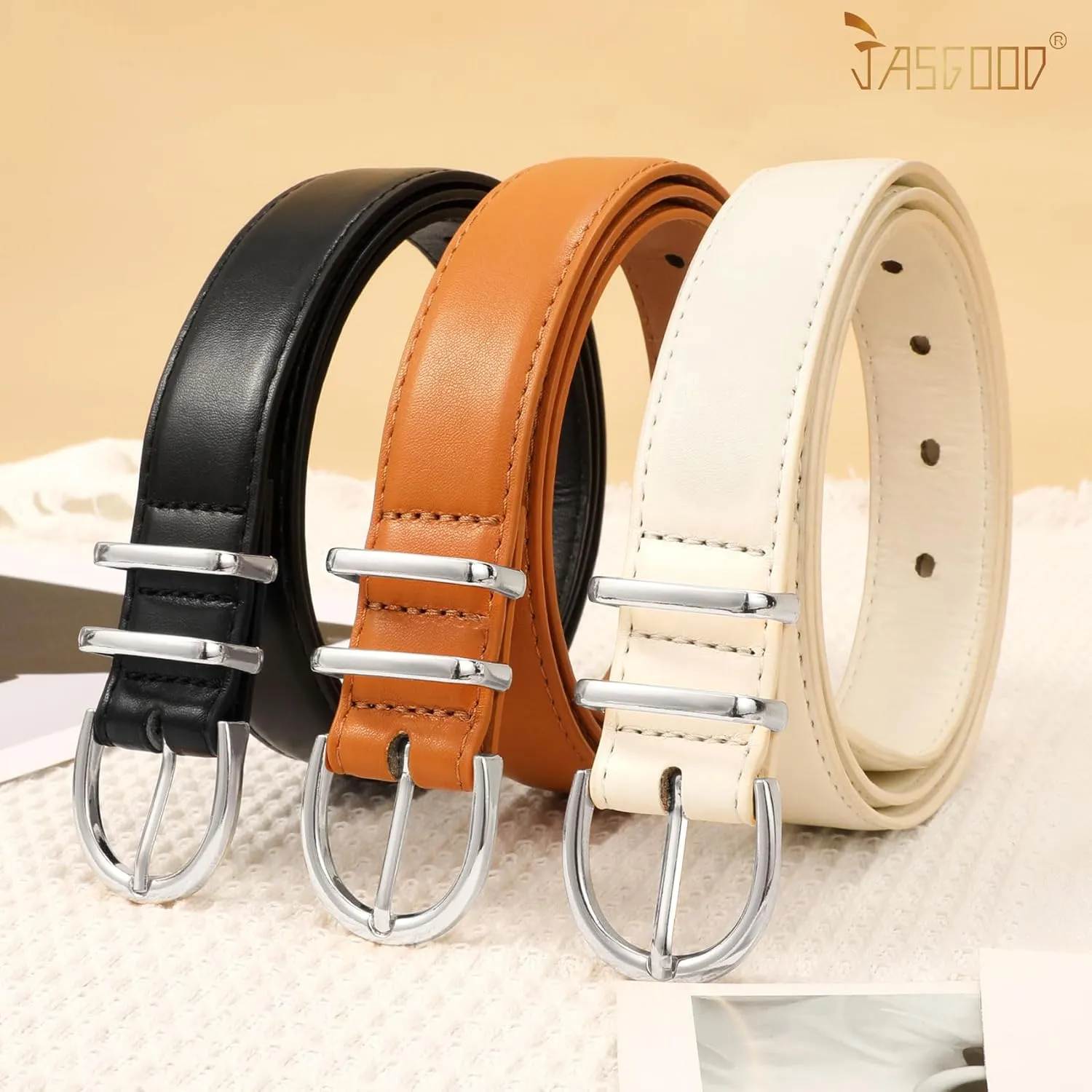JASGOOD 3 Pack Women Leather Belt for Jeans Pants Gold Buckle Ladies Leather Belt