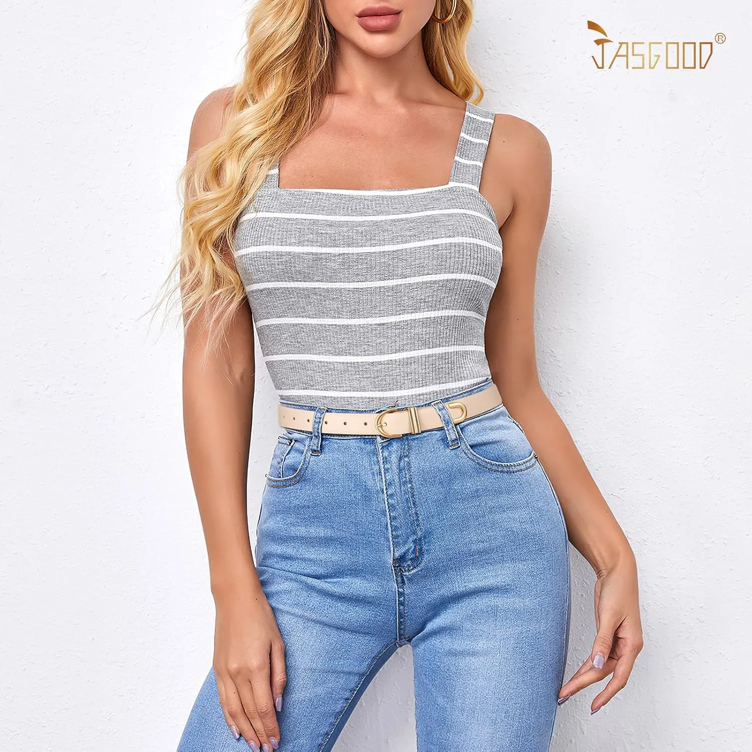 JASGOOD Women Leather Belt for Jeans Pants Fashion Gold Buckle Ladies Waist Belt