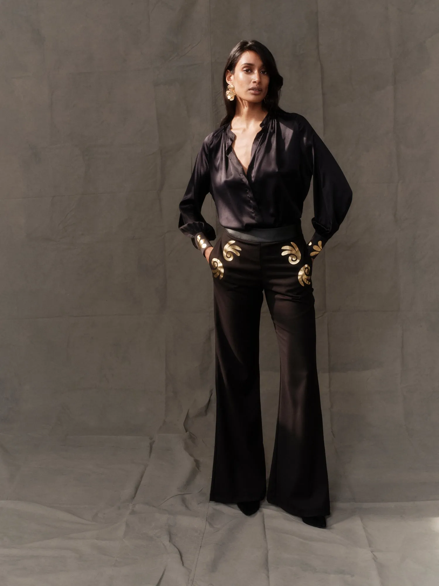 Kallos Gold Wide Leg Trousers with Leather Βelt