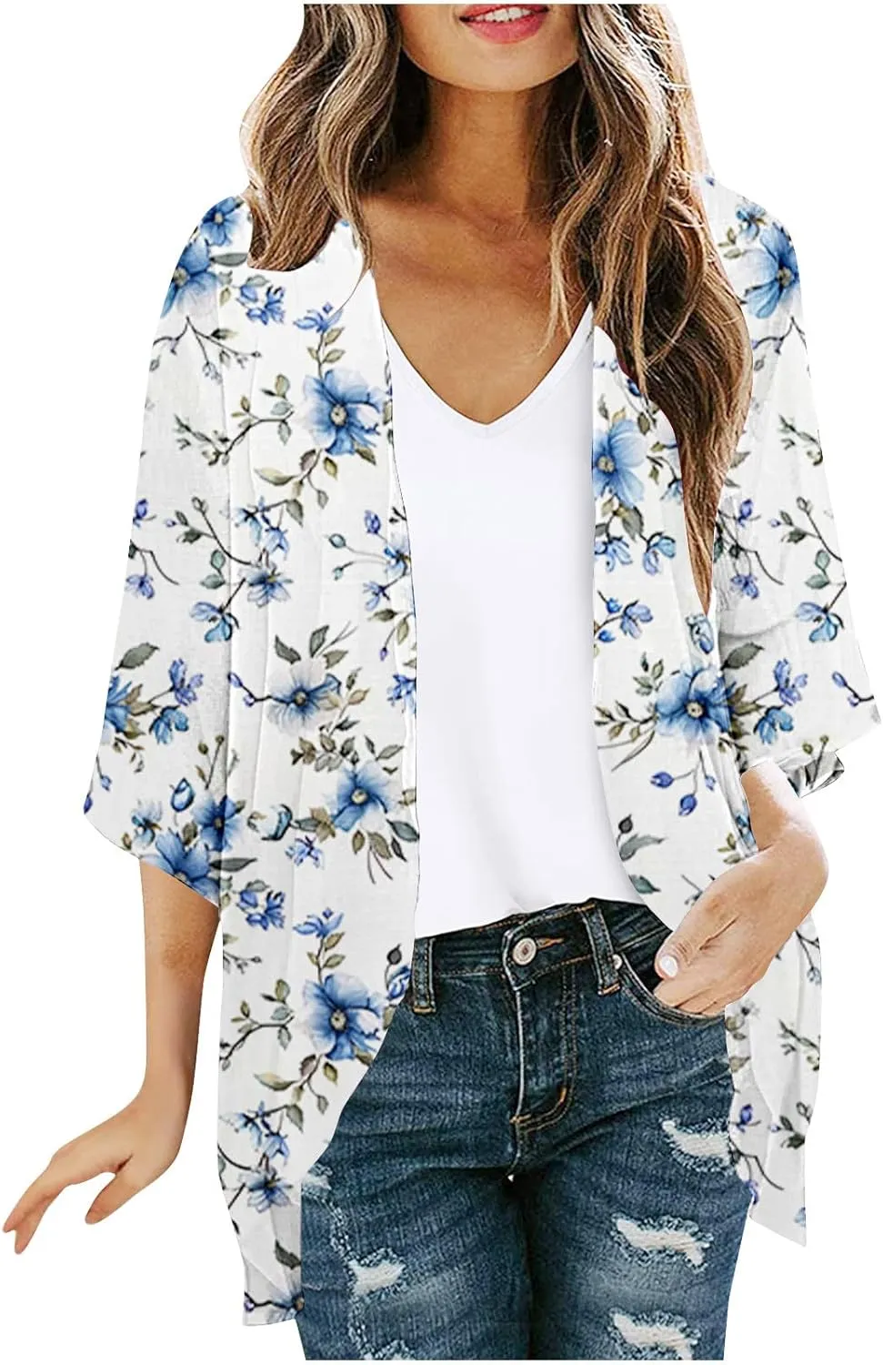 Kimono Cardigans for Women Beach Cover Ups Floral Print Bathing Suit Coverups Plus Size Chiffon Swimsuit Cover Up Top