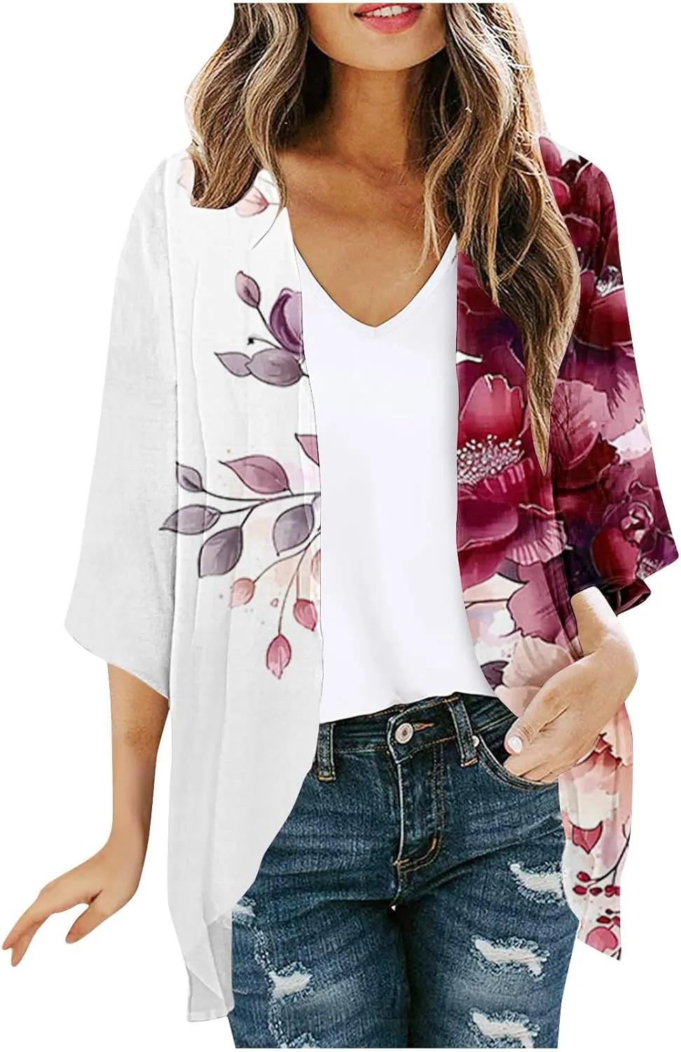Kimono Cardigans for Women Beach Cover Ups Floral Print Bathing Suit Coverups Plus Size Chiffon Swimsuit Cover Up Top