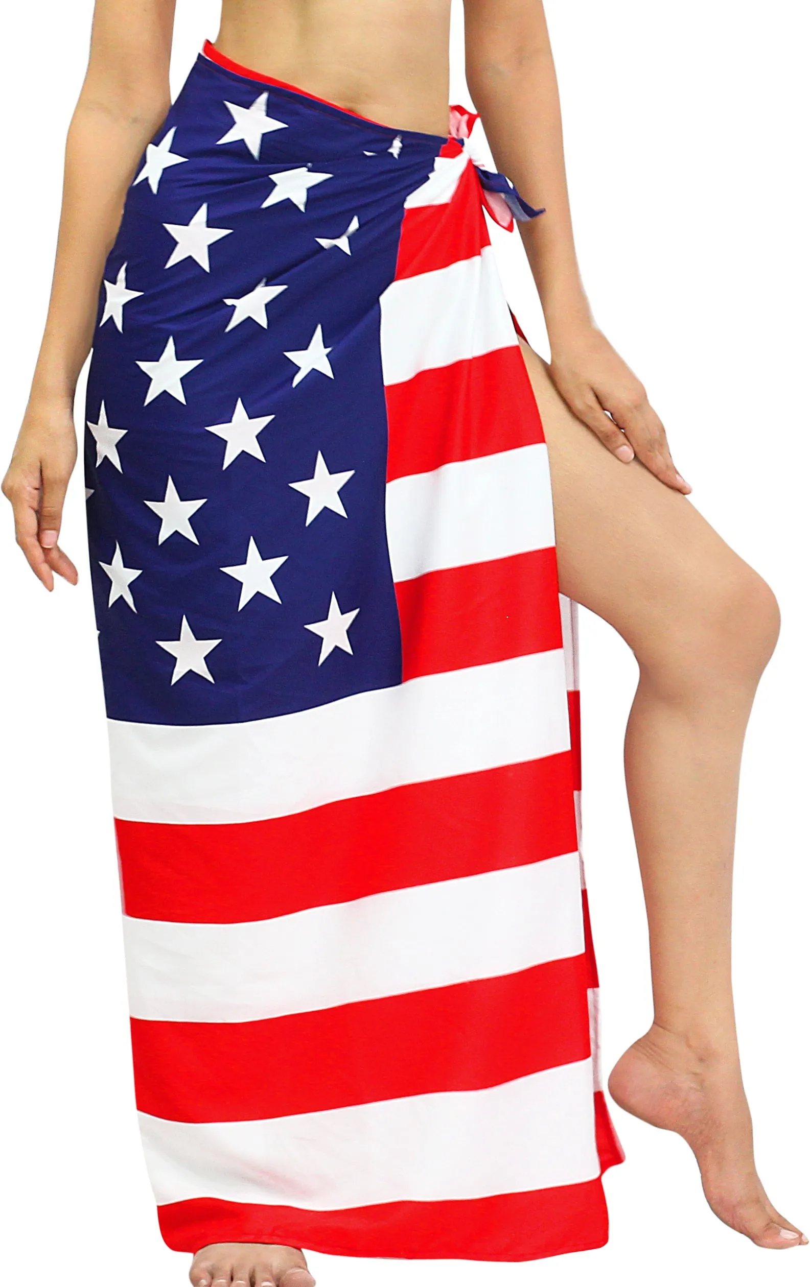 LA LEELA Women's Long Beach Wrap Beach Swimsuit Cover Up American Flag Sarong Wrap