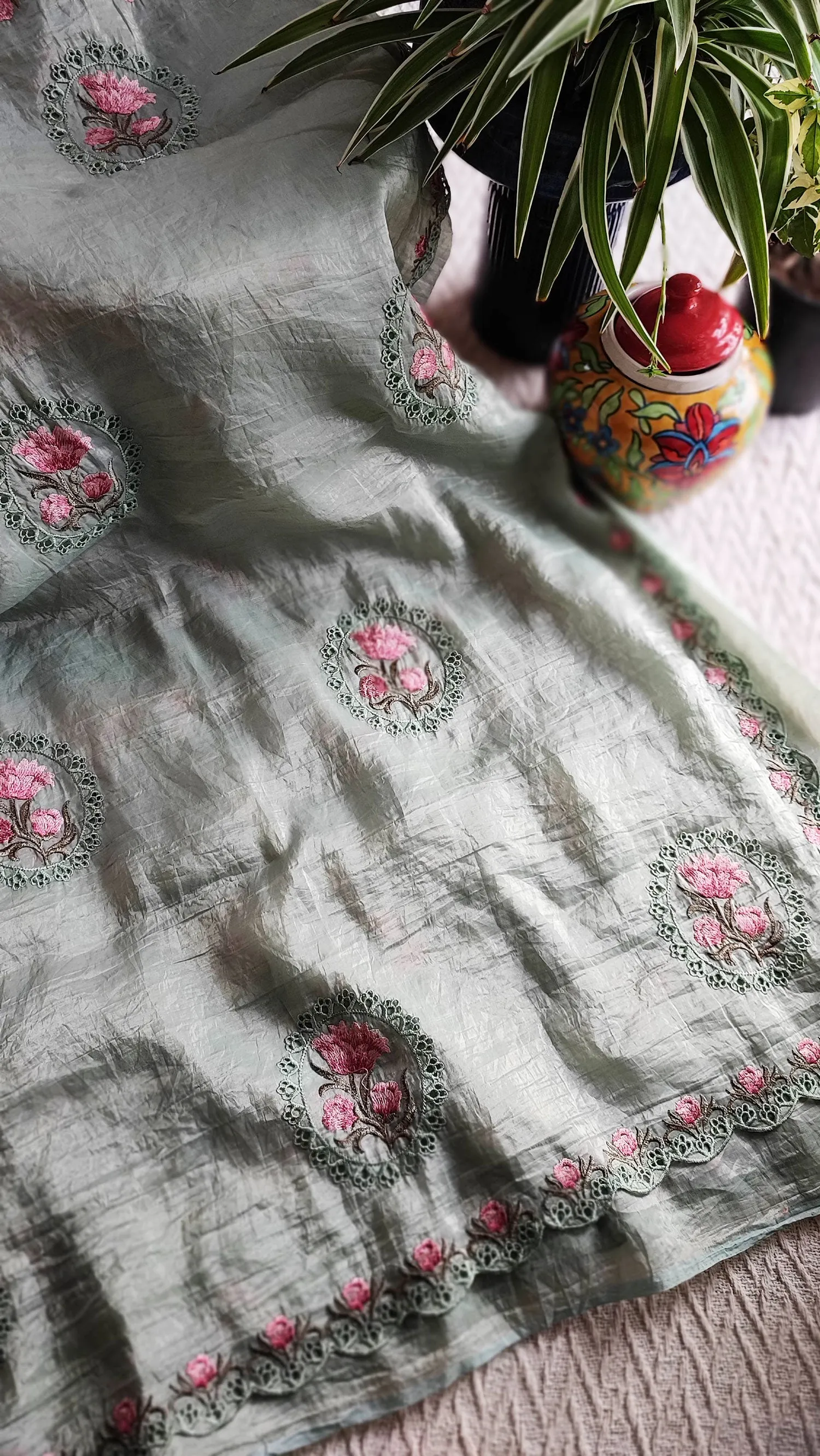 Light Gray Crushed Organza Tissue Silk Saree With Cut Work & Embroidery